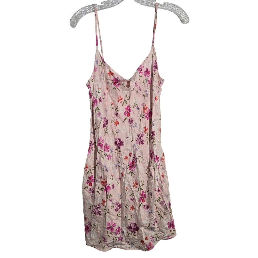 Vtg Pink Silk Sz M Floral Slip Dress Mini Spaghetti Strap Tie Front Women's